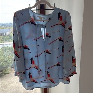 Cooper & Ella Blue Tie Front Blouse with Mandarin Collar